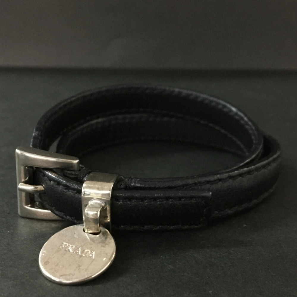 Prada Black Leather Wrap Bracelet w Silver Logo Tag